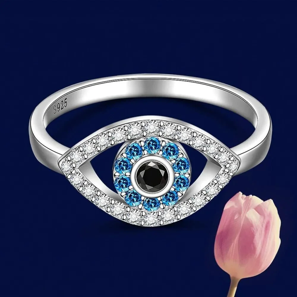 Sterling Silver Evil Eye Ring Women Protective Blue Sapphire Jewelry Size 8 - Picture 6 of 8